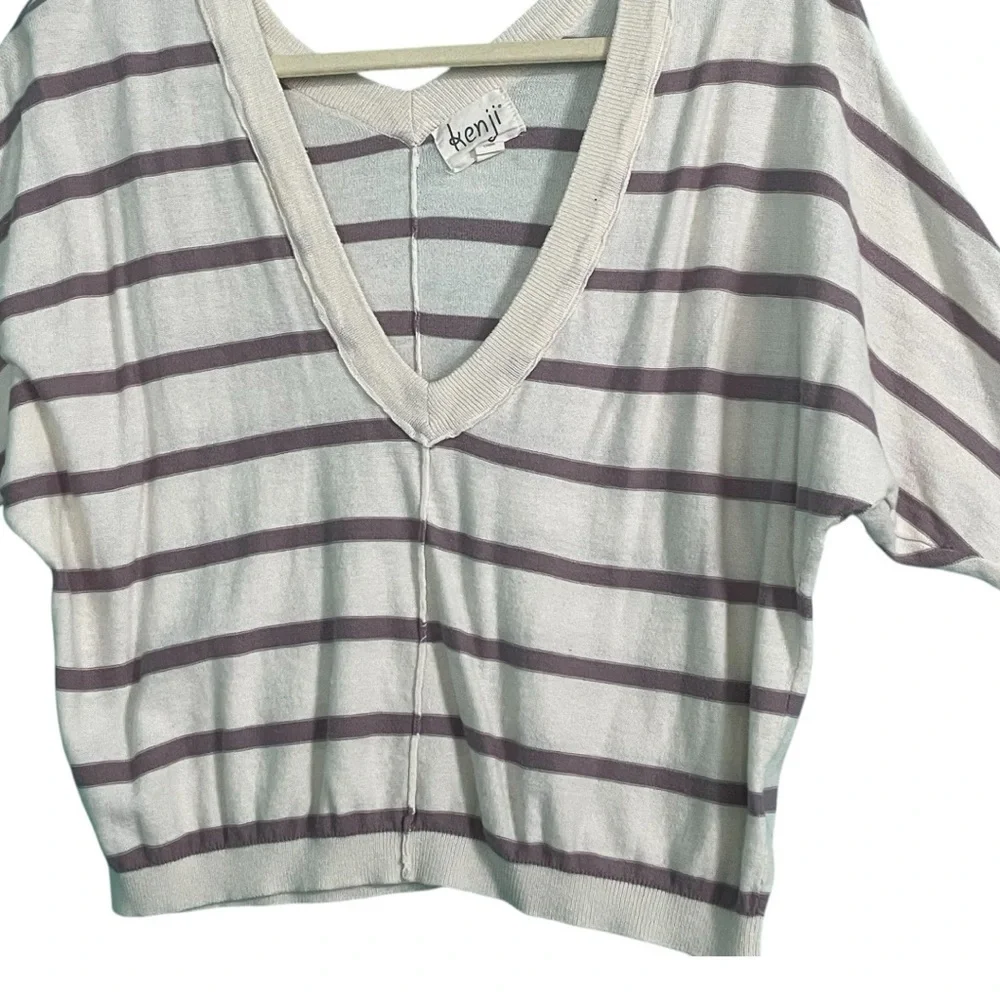 Kenji crop lightweight, loose fit sweater dolman sleeves back V mauve stripe